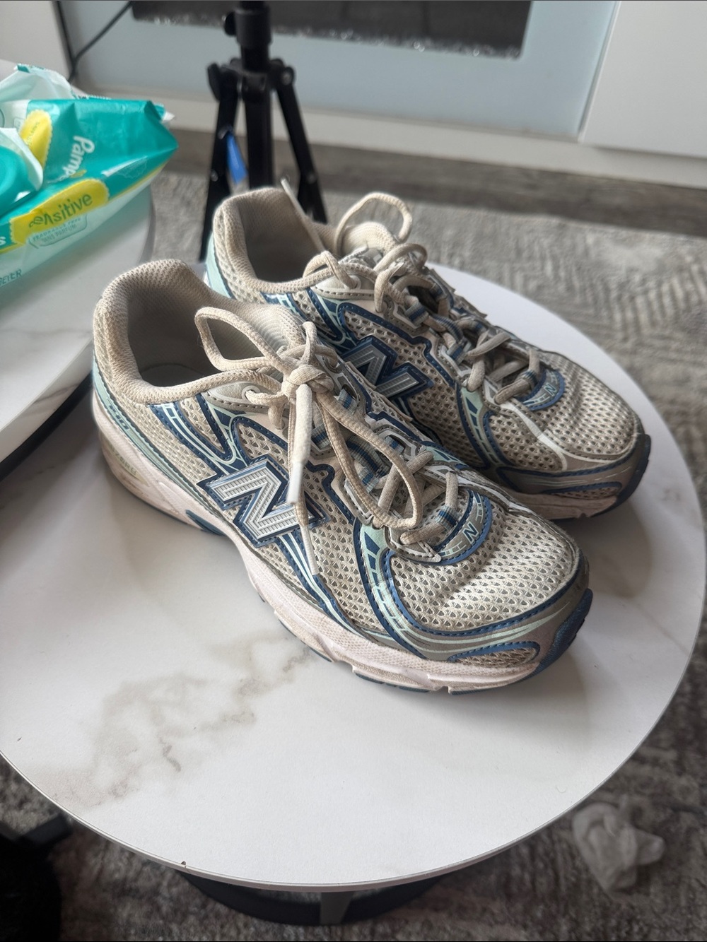 New Balance Beige and Blue Athletic Sneakers